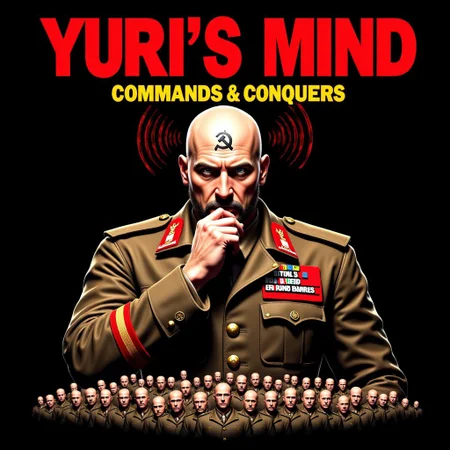 realistic, digital art poster, title red text:"Yuri's Mind" 2nd line yellow text:"Commands & Conquers", Udo Kier mature bald without any hair on head, no eyebrows, shaved eyebrows, gray eyes, eyes wide open, serious intimidating ,pursed lips, brown Van Dyck facial hair style (long goatee & moustache), tattoo on center forehead Gray text:"רו﷿", enlarged forehead, metal band on tip of head , hand on chin. portrait pose, looks at viewer, side pose,shoulder turned to viewer, he is wearing brown soviet military uniform with red shoulder straps from Red Alert 2, red radio waves circle lines are coming from his head . Behind and below him there are many lines of bald men with head down, shadow cover their faces . black background or military world map.
aidmaTextImprover