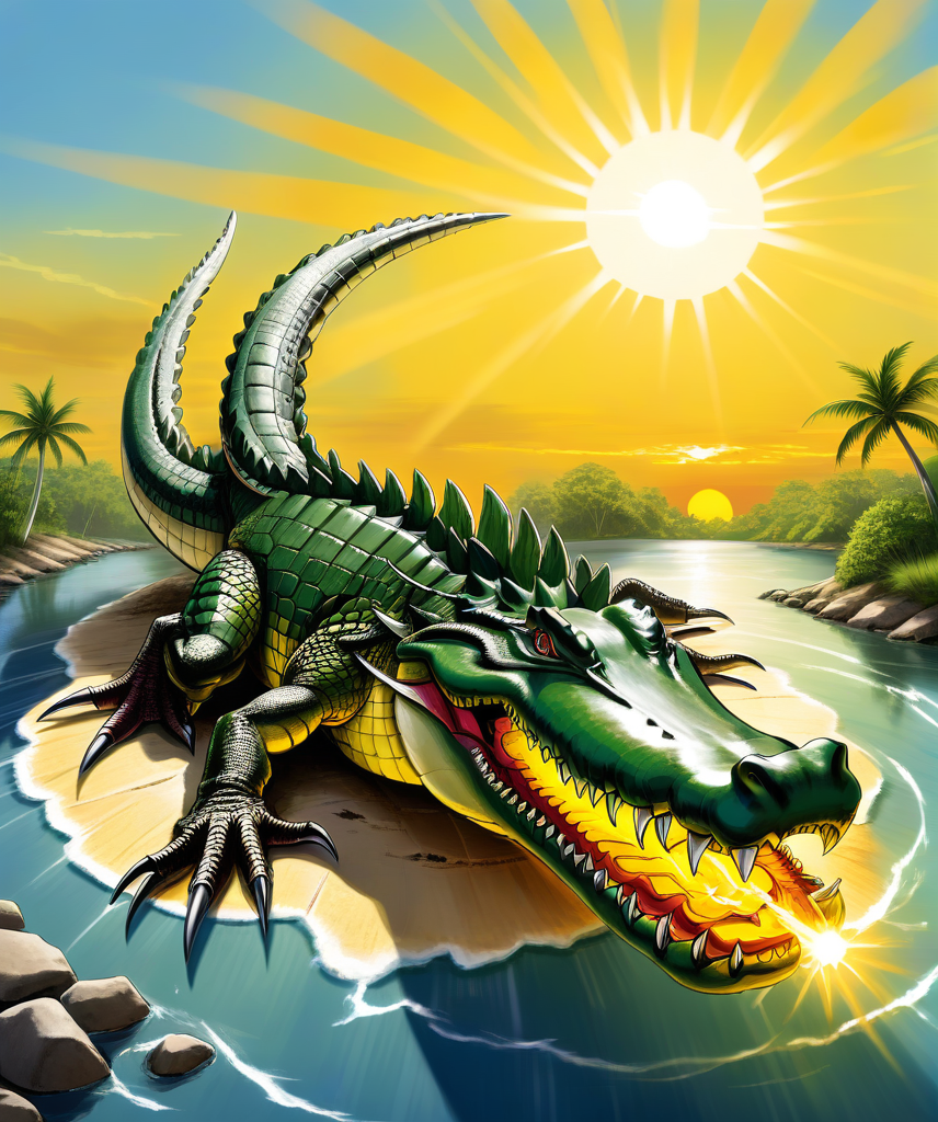 a great crocodile consumes the sun,art by asmaria,<lora:AsMaria_Style_XL_Digimon_Illustrator:0.75>