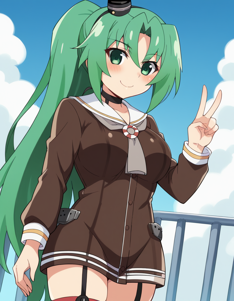 score_9, score_8_up, score_7_up, source_anime, <lora:mion-sonozaki-s4-ponyxl-lora-nochekaiser:1>, mion sonozaki, long hair, green eyes, ponytail, green hair, large breasts,, <lora:kancolle-amatsukaze-cosplay-ponyxl-lora-nochekaiser:1>, kancolle amatsukaze cosplay, amatsukaze (kancolle) (cosplay), lifebouy ornament, sailor dress, smokestack hair ornament, grey neckerchief, lifebouy, cosplay, garter straps, brown dress, striped thighhighs, mini hat, red thighhighs, short dress,, ocean, smile, blush, blue sky, v, cowboy shot, looking at viewer,, , dutch angle, cowboy shot