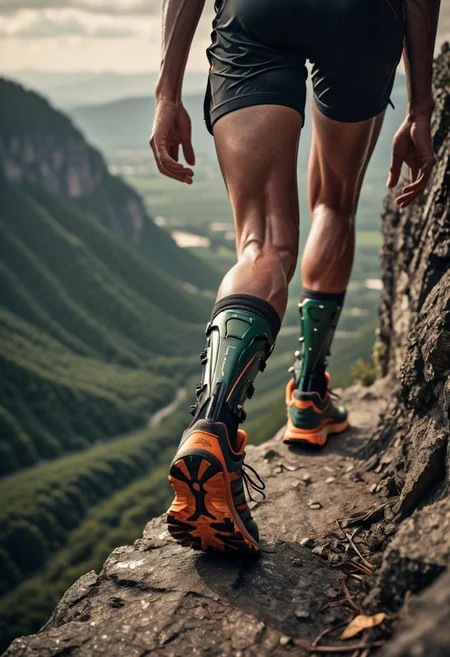 Super Closeup, a detailed running Cyborg Leg in orange/Green samba retro Sneaker, in Motion, Explore the stark contrast between the ominous, sunset landscape, dystopian backdrop and the vibrant shoes in descent. Running to Edge of Cliff, Dive into the emotions, obstacles, and enigmatic ambiance conveyed by this distinctive scenario. very detailed, raw photo, photorealistic, high detailed texture, 8k uhd, dslr, soft lighting, high quality, film grain, Fujifilm XT3, highly detailed photography, atmospheric haze, Film grain, cinematic film still, shallow depth of field, highly detailed, high budget, cinemascope, moody, epic, OverallDetail, 2000s vintage RAW photo, photorealistic, candid camera, color graded cinematic, eye catchlights, atmospheric lighting, imperfections, natural, shallow dof