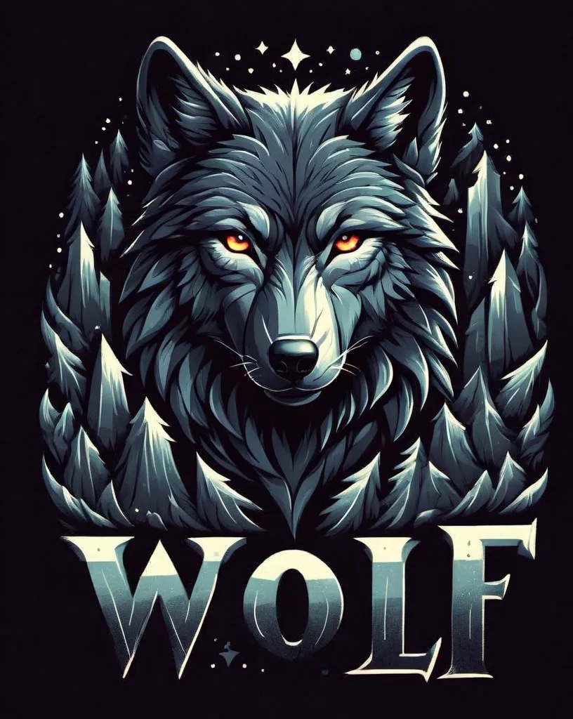 Wolf t-shirt design, text logo: WOLF, flat colors, black background, <lora:Harrlogos_v1.1:1> <lora:last:1>