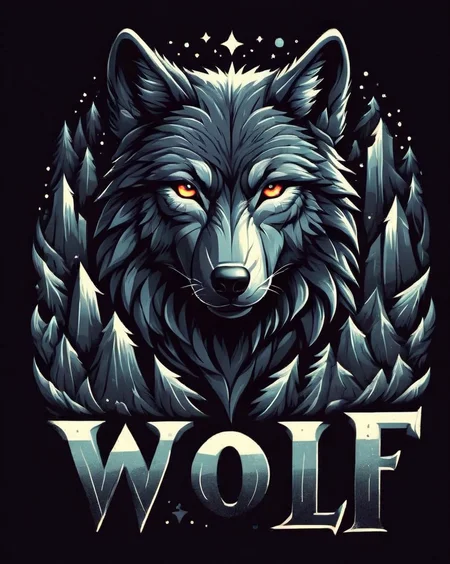 Wolf t-shirt design, text logo: WOLF, flat colors, black background, <lora:Harrlogos_v1.1:1> <lora:last:1>