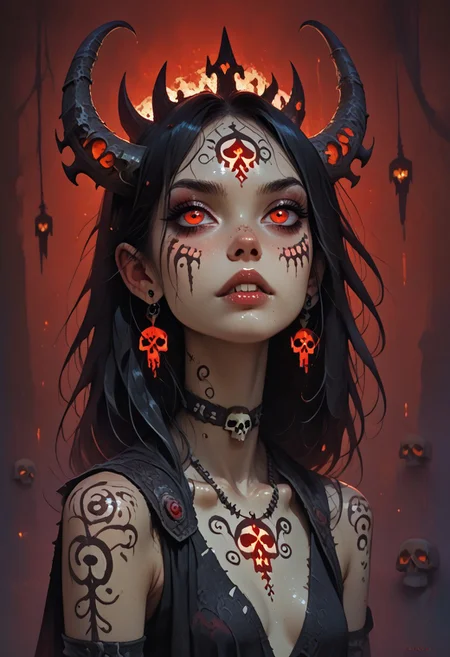 score_9, score_8_up, score_7_up, score_6_up, score_5_up, score_4_up,   <lora:r3dgl0wXLP:0.7> r3dgl0w, red eyes, red background, 1girl, dark, horns
,FFAnime Style, slimes_skullwm, made of skulls