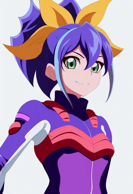 best quality, amazing quality, very aesthetic, absurdres, thick lineart,
1girl, celina, blue hair, ponytail, hair bow, two-tone hair, green eyes,
biker, purple bodysuit, bike suit,
upper body,
smile, looking at viewer, solo, simple background, white background,  <lora:CelinaSerenaNoobXL_byKonan:1>