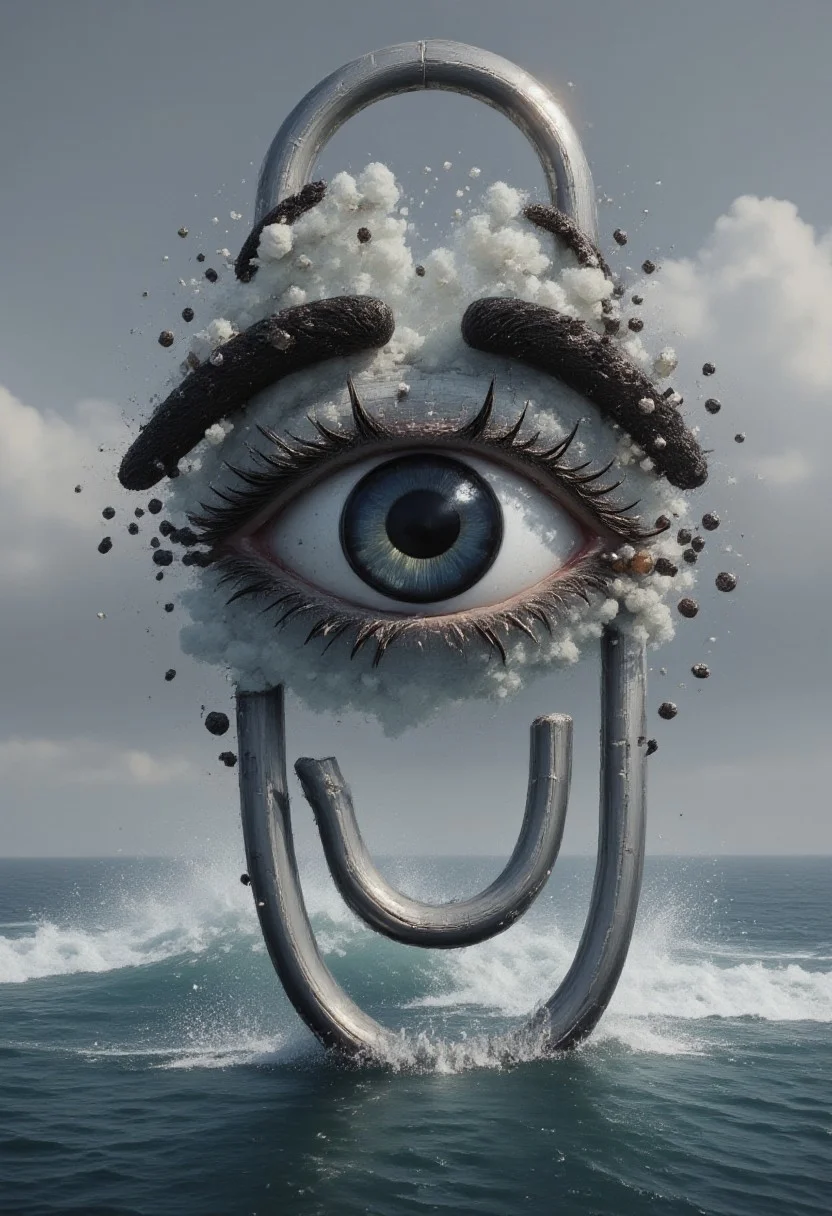 ultra close up clippy with big eyes, look the viewer, academic realism, historical subjects, double exposure that shows waves stormy ocean