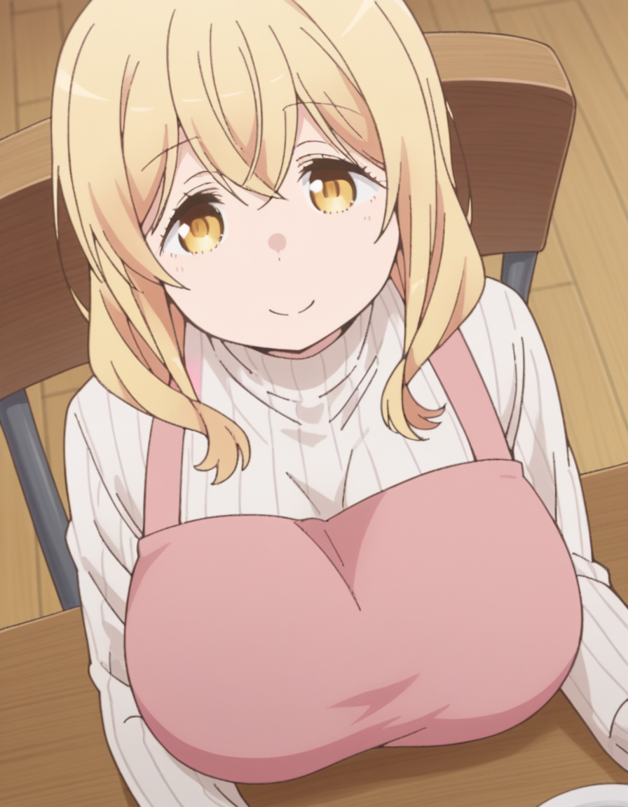score_9, score_8_up, score_7_up, source_anime, <lora:ayaka-sunohara-s1-ponyxl-lora-nochekaiser:1>, ayaka sunohara, long hair, bangs, blonde hair, yellow eyes, mature female,, long sleeves, yellow eyes, large breasts, apron, sweater, turtleneck, ribbed sweater, turtleneck sweater, white sweater, pink apron, dining room, table, chairs, dishes, cutlery, smile, from above,, looking at viewer, solo,, dutch angle, cowboy shot