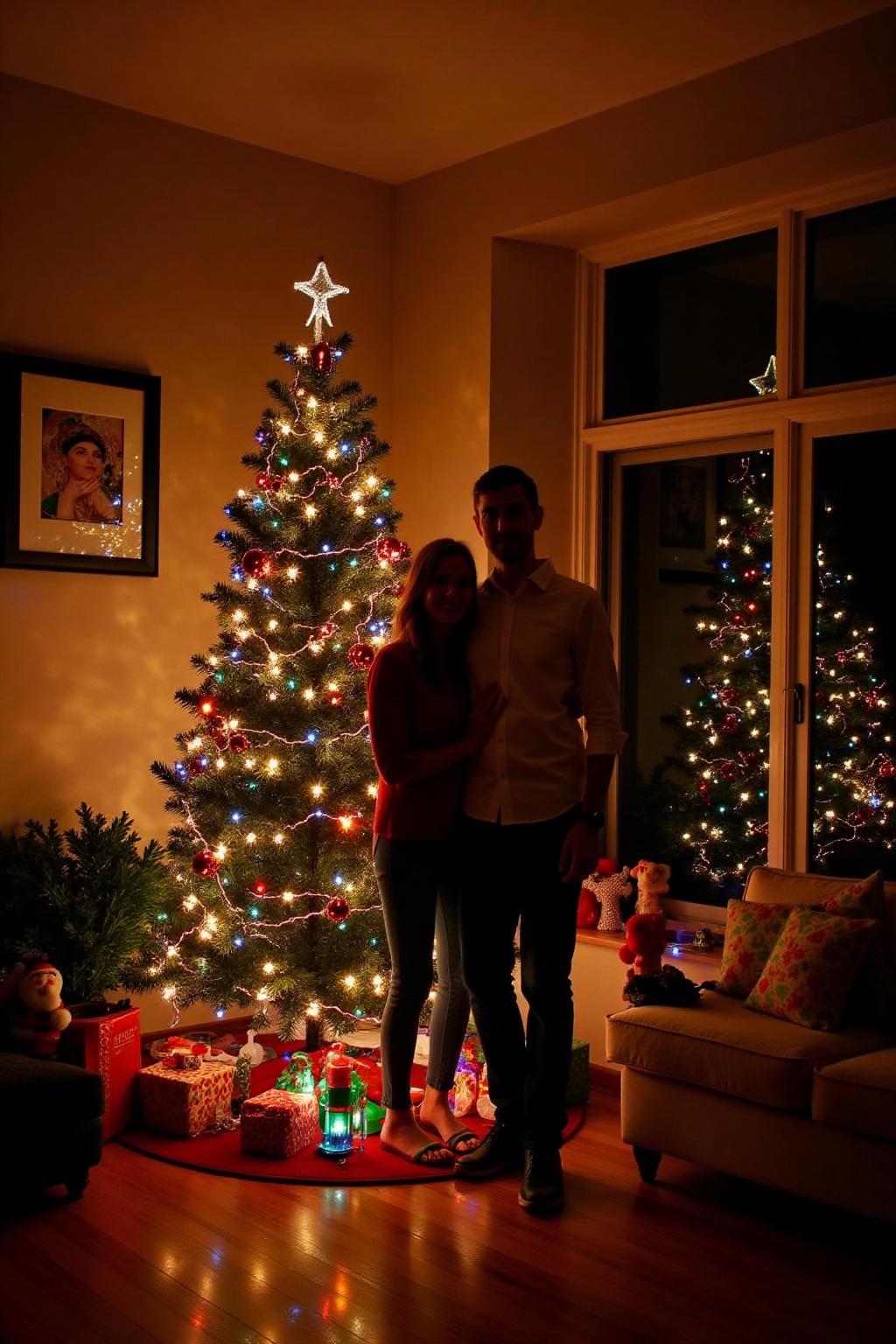 A couple posing beside a Christmas tree decorated wth with many strands of Christmas lights. There are Christmas lights all arouind the living room. <lora:xmaslight1_nocap_d6a3:0.6><lora:808039324693106343:0>