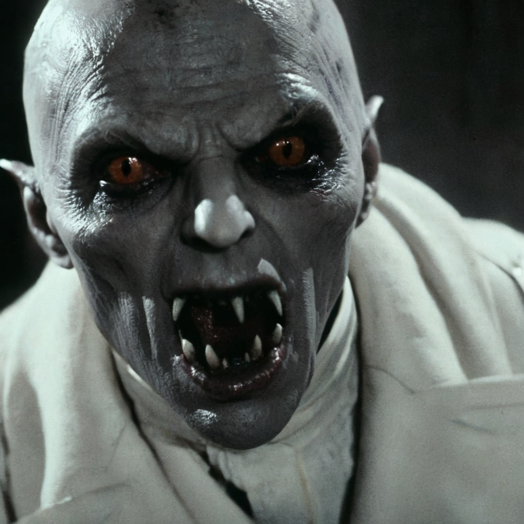 Horror-themed,  <lora:Fright Night 1985 Film Style:1>
In black and white, Cinematic Medium Shot Film Footage captured by Panavision Cameras and Lenses, nosferatu vampire creature, Jerry a profile face view of a vampire with vampire teeth and vampire eyes lenses staring at his vampire hand, with a pencil in his hand, in a dark room, Fright Night 1985 Film Style, Eerie, unsettling, dark, spooky, suspenseful, grim, highly detailed