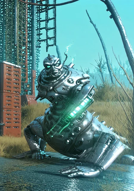 ((score_9, score_8_up, score_7_up)), masterpiece, perfect anatomy, wide shot, solo, biopunk, futuristic cyborg fallout_centaur, ferrous monster, smooth torso, grey metallic skin, arm cannon, aiming at viewer, [green] glow, charging up, [grey] cannon, gloomy city, dark setting,  sw01p_xl, 7-PowerArmour, X-01