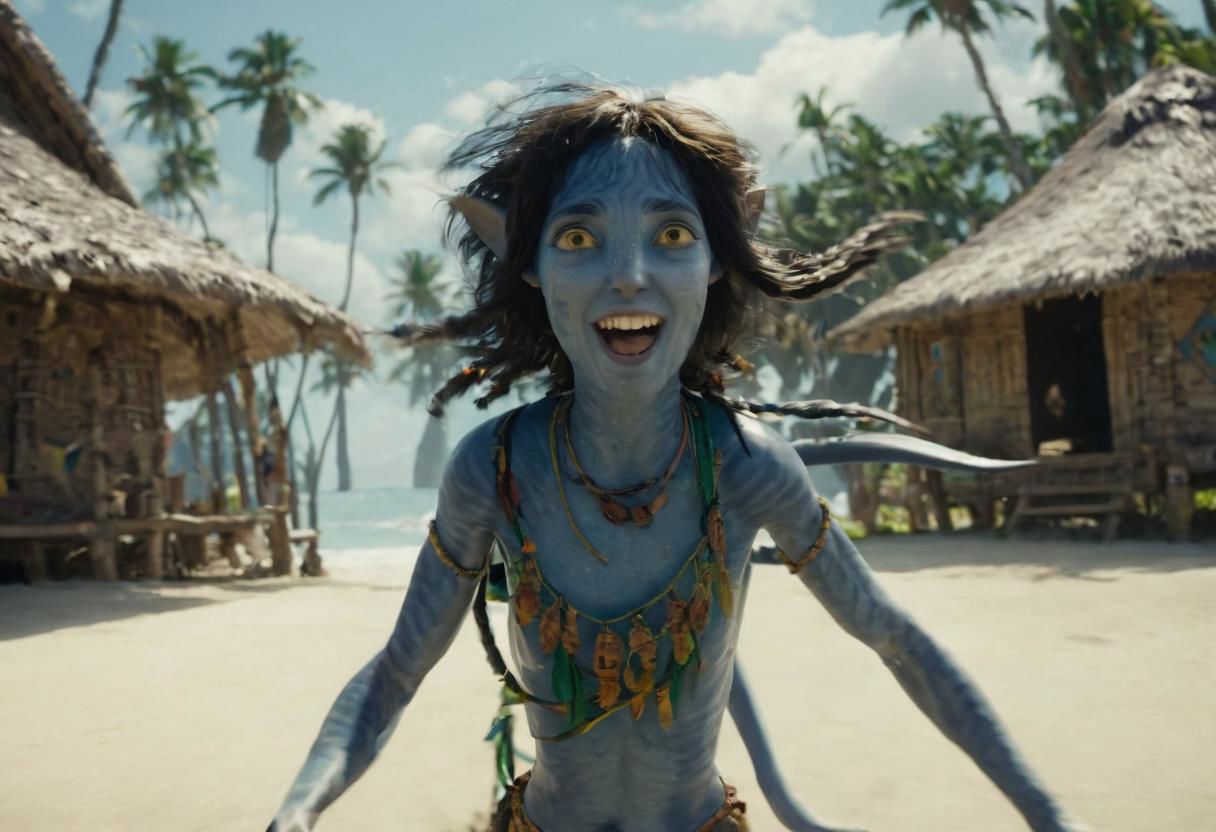 Kiri running fast and jumping on beach sand, smiling, laughing, [[closeup]], big eyes wide open, seaside, tribal huts and trees and ((sea with (high surf))) on background, symmetrical eyes, symmetrical pupils, (wide heavy necklace), SK_CINEMATIC