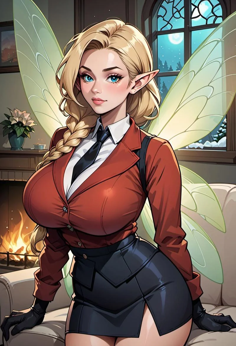 score_9, score_8_up, score_7_up, score_6_up, score_5_up, score_4_up, beautiful fairy woman, mature, long blonde braided hair, reij-hrstyl01 hairstyle, elf ears, detailed blue eyes, bright blue eyes, soft round jaw, magical aura, (delicate glowing wings with green patterns:1.4), (fairy wings:1.3), huge breasts, indoors, couch, fireplace, night, window, snow, red shirt, black necktie, long sleeves, arm garter, black gloves, black vest, waistcoat, black skirt,