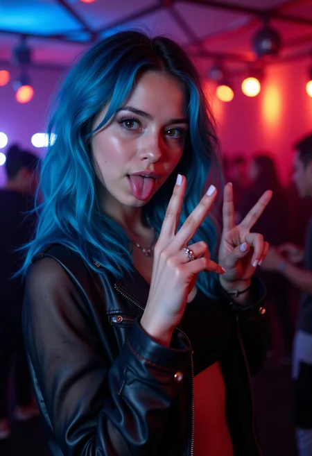 a beautiful hipster young woman with blue hair standing and posing for the camera. In the background is a trendy German techno club. The woman is giving the peace sign and sticking out her pierced tongue. Flash photography.