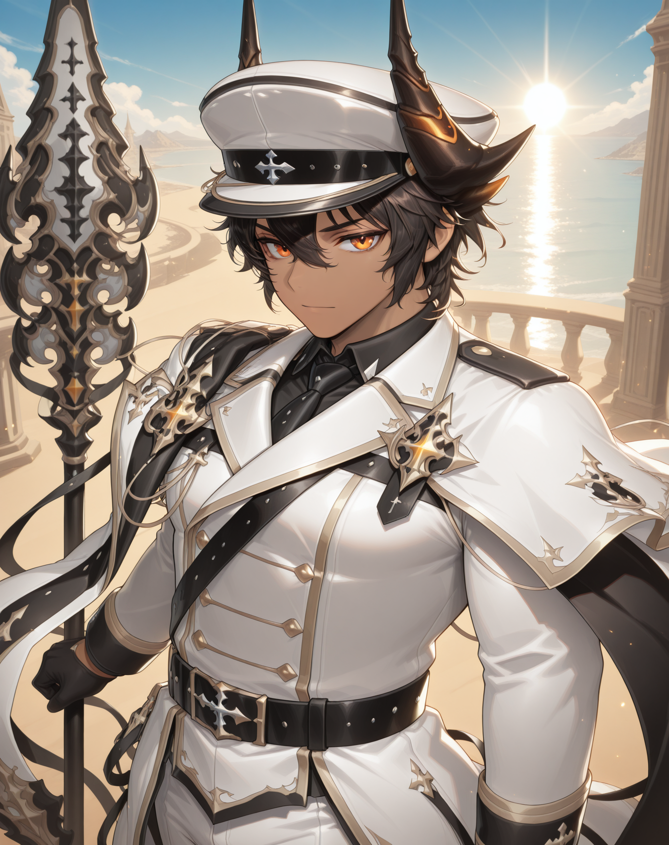 masterpiece, amazing quality, best quality, absurdres, very aesthetic,
1boy, solo, yaoi, male focus, cowboy shot, upper body, looking at viewer, face focus,
<lora:Sol_Bellium_Platoon:1> solbp, peaked cap, dragon horns, hair between eyes, dark-skinned male, dark skin, black hair,short hair, orange eyes,
black gloves, white pants, hat, long sleeves, white cape, white headwear, white coat, military uniform, shirt, black cape, white jacket, double-breasted,
knee boots, black footwear, belt,
holding weapon, holding polearm, holding staff, spear,
outdoors, day, blue sky, sun,