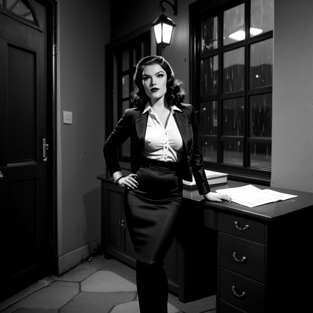 Film noir style nstylev2, Film noir style, ultra realistic, ultra defined textures, monochrome, dynamic posing, a curvy blond with frecklesA seasoned detective leans back in his chair, eyes locked on the stunning woman sitting across from him. She crosses her legs, adjusting the sheer black stockings beneath her pencil skirt, her lips painted a wicked shade of red. "You donât trust me," she purrs, dragging her manicured nails along his desk. Outside, the city hums with restless energy, but in this moment, the only thing louder than the rain on the window is the way she makes his pulse pound.  <lora:Noir-Style_FilmPhotography_V1_-_Pony-000009:1> . Monochrome, high contrast, dramatic shadows, 1940s style, mysterious, cinematic