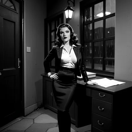 Film noir style nstylev2, Film noir style, ultra realistic, ultra defined textures, monochrome, dynamic posing, a curvy blond with frecklesA seasoned detective leans back in his chair, eyes locked on the stunning woman sitting across from him. She crosses her legs, adjusting the sheer black stockings beneath her pencil skirt, her lips painted a wicked shade of red. "You donât trust me," she purrs, dragging her manicured nails along his desk. Outside, the city hums with restless energy, but in this moment, the only thing louder than the rain on the window is the way she makes his pulse pound. <lora:Noir-Style_FilmPhotography_V1_-_Pony-000009:1> . Monochrome, high contrast, dramatic shadows, 1940s style, mysterious, cinematic