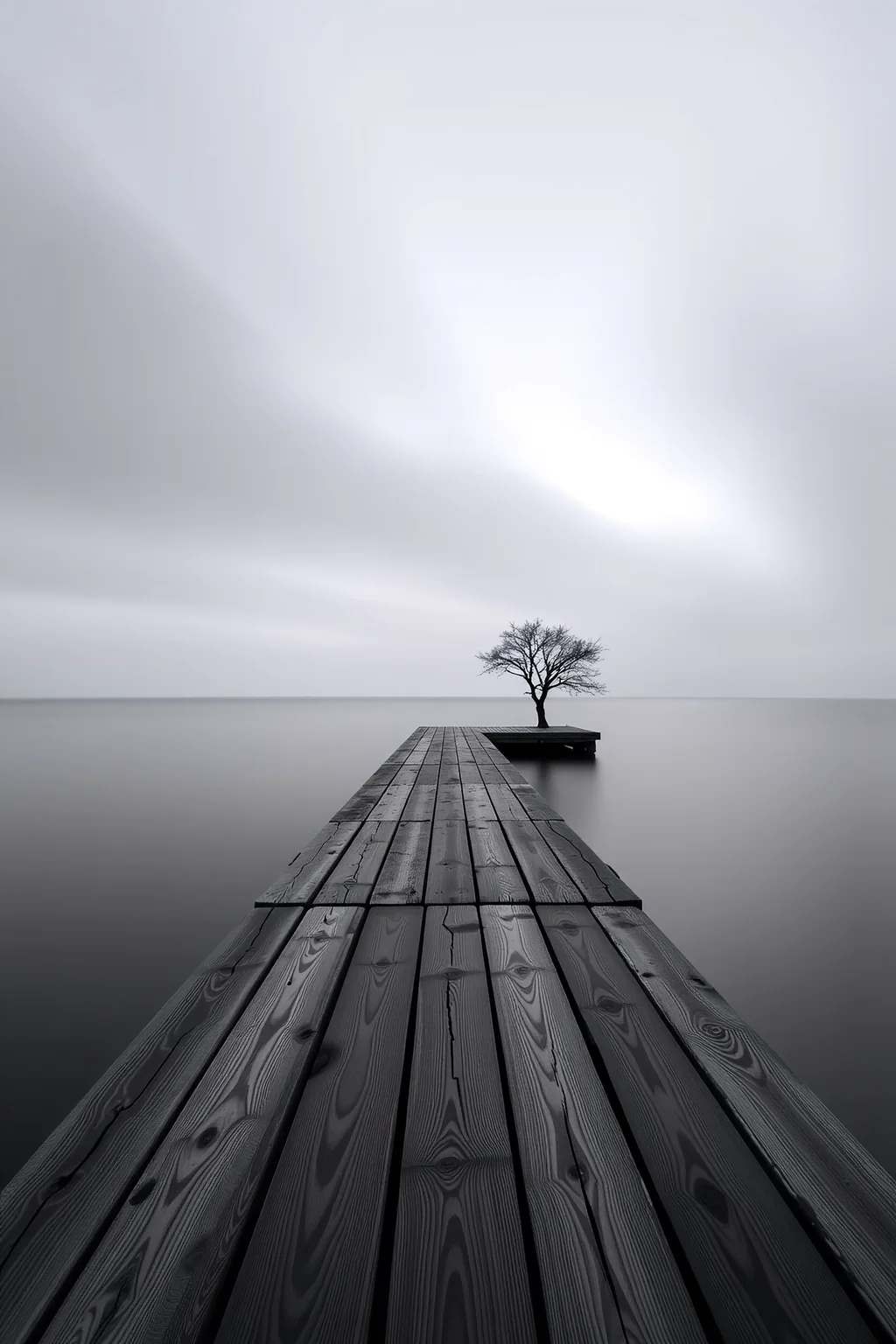 A monochromatic landscape of profound stillness, captured through an extended 10-minute exposure that transforms the visual perception of time and motion. A solitary wooden pier extends into a misty, silk-like seascape where water and sky merge into an indistinguishable, ethereal gradient of soft grays. The horizon line is barely perceptible, creating a minimalist composition where negative space becomes as significant as the structural elements.
In the foreground, weathered wooden planks of the pier display intricate textures - each grain and weathered crack meticulously rendered, suggesting decades of silent endurance. Wispy cloud formations drift imperceptibly, blurred into gossamer-like streaks that create a sense of infinite, suspended movement against a luminous, pearl-like background.
The long exposure technique renders water as a smooth, reflective surface resembling polished glass, with subtle variations in tone creating a meditative, almost abstract quality. Soft shadows and delicate gradations of light suggest an early dawn or twilight moment, enhancing the scene's contemplative atmosphere.
A single, bare tree silhouette stands distantly on the pier's edge, its stark form providing a minimal focal point that emphasizes the landscape's profound sense of solitude and quiet introspection. The entire composition breathes with a dreamlike tranquility, characteristic of Michael Kenna's distinctive photographic approach.