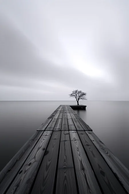 A monochromatic landscape of profound stillness, captured through an extended 10-minute exposure that transforms the visual perception of time and motion. A solitary wooden pier extends into a misty, silk-like seascape where water and sky merge into an indistinguishable, ethereal gradient of soft grays. The horizon line is barely perceptible, creating a minimalist composition where negative space becomes as significant as the structural elements.
In the foreground, weathered wooden planks of the pier display intricate textures - each grain and weathered crack meticulously rendered, suggesting decades of silent endurance. Wispy cloud formations drift imperceptibly, blurred into gossamer-like streaks that create a sense of infinite, suspended movement against a luminous, pearl-like background.
The long exposure technique renders water as a smooth, reflective surface resembling polished glass, with subtle variations in tone creating a meditative, almost abstract quality. Soft shadows and delicate gradations of light suggest an early dawn or twilight moment, enhancing the scene's contemplative atmosphere.
A single, bare tree silhouette stands distantly on the pier's edge, its stark form providing a minimal focal point that emphasizes the landscape's profound sense of solitude and quiet introspection. The entire composition breathes with a dreamlike tranquility, characteristic of Michael Kenna's distinctive photographic approach.