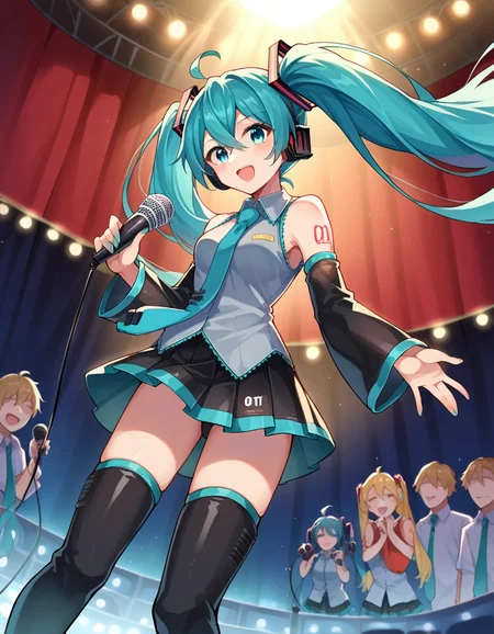 score_9, score_8_up, score_7_up, source_anime,
mikuhatsune, <lora:miku-hatsune-ponyxl-lora-nochekaiser:1>,
miku hatsune, ahoge, aqua eyes, aqua hair, crossed bangs, hair between eyes, hair ornament, headphones, long hair, twintails, mature female,
aqua necktie, black footwear, black skirt, black sleeves, boots, collared shirt, detached sleeves, grey shirt, necktie, pleated skirt, shirt, skirt, sleeveless, sleeveless shirt, thigh boots, tie clip,
indoors, stage, stage lights, concert, microphone, holding microphone, audience, singing,
looking at viewer, dutch angle, cowboy shot,