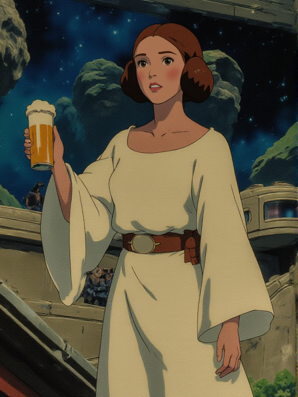 anime style, princess Leia Organa holds a beer in a spaceship<lora:Anime_style:0.9>