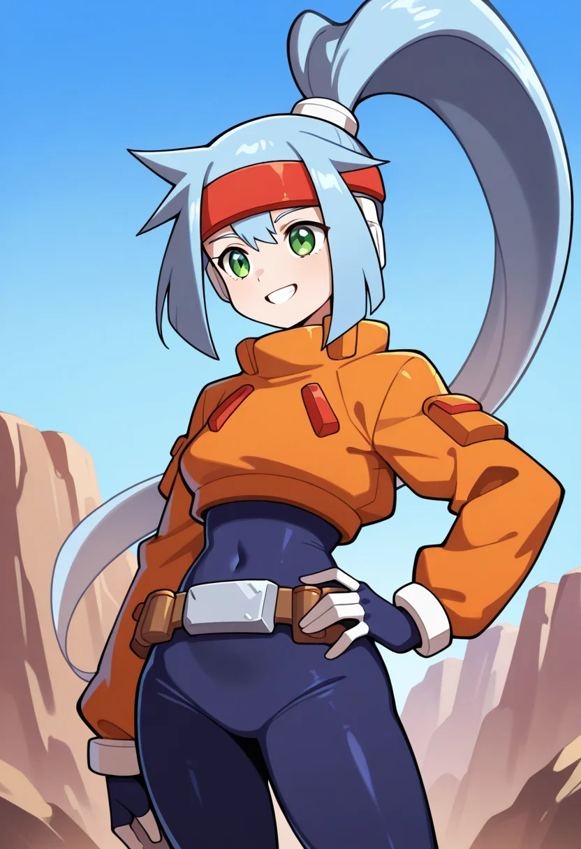 1girl, solo, ashemmzxa, blue hair, long hair, high ponytail, headband, green eyes, robot ears, bodysuit, crop top, long sleeves, white bracelet, belt, cowboy shot, outdoors, metal platform, sky, smile, teeth.hand on hip,
