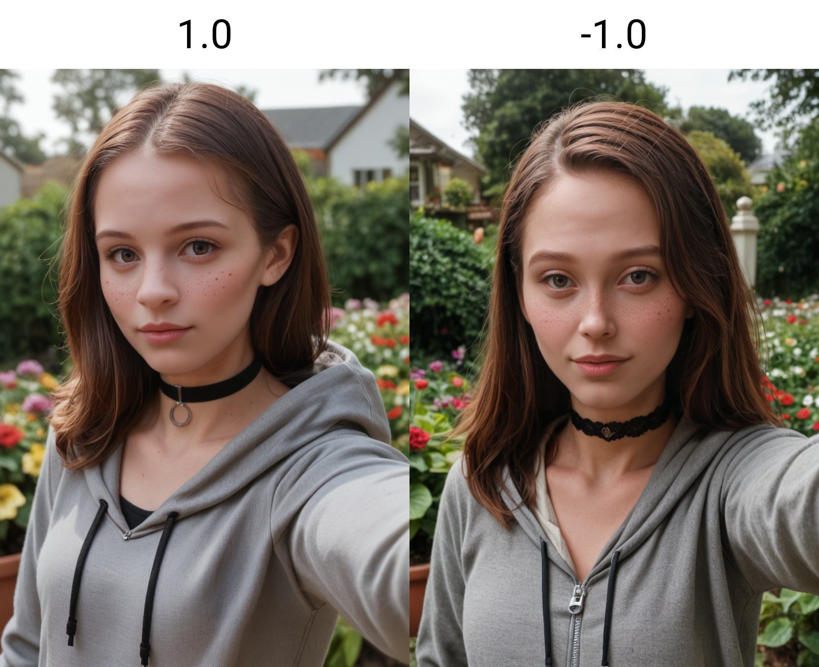 score_9, score_8_up, score_7_up, BREAK, rating_safe, upper body of a woman, long brown hair, looking at viewer, detailed, sharp focus, flirtatious, seductive, choker, pleasant, seductive, freckles, 85 mm, grey hoodie, outdoor, garden, rare angle selfie, garden, nature, highly detailed, detailed skin, depth of field, film grain, highly detailed, detailed skin, depth of field, film grain <lora:nosepony (20):1.0>