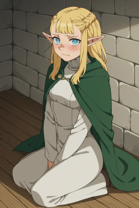 score_9, score_8_up, score_7_up, source_anime, 1girl, prefect lighting, very aesthetic, intricate details, highly detailed background, masterpiece, high quality, prefect hands, best quality, solo,
<lora:Pattadol_Dungeon_Meshi_V1:.85>, blonde hair, light blue eyes, pointy ears, pointy nose, braid, long hair,
green cape, white turtleneck dress, long sleeves,
from side, w-sitting, on knees, kneeling, looking at viewer, scared, wavy mouth, hand between legs, blush,
dungeon, stone wall, dark, dim lights, wooden floor,
(Beautiful, small Breasts:1.2), natural breasts,