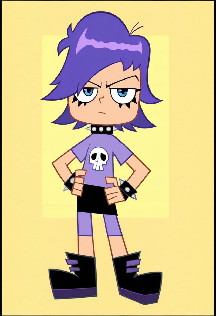 score_9, score_8_up, score_7_up, 1girl, solo, yum1 y0shimur4, purple hair, blue eyes, spiked collar, spiked bracelet, purple shirt, skull print, black skirt, purple shorts, black footwear, standing, full body, looking at viewer, expressionless, hand on own hip, simple background, border