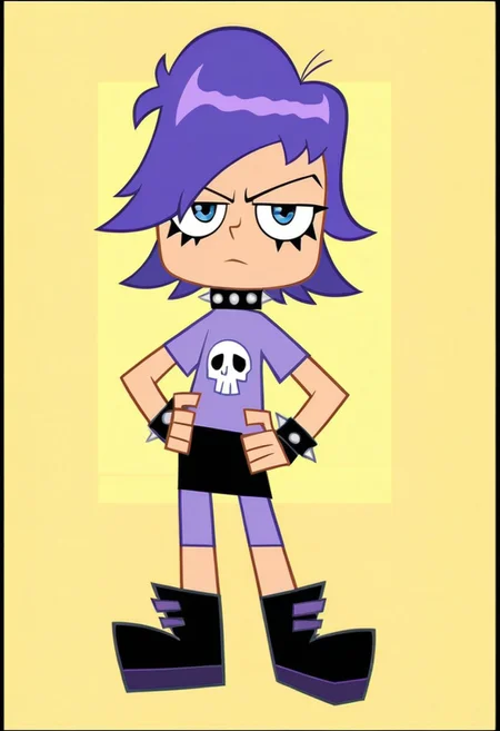 score_9, score_8_up, score_7_up, 1girl, solo, yum1 y0shimur4, purple hair, blue eyes, spiked collar, spiked bracelet, purple shirt, skull print, black skirt, purple shorts, black footwear, standing, full body, looking at viewer, expressionless, hand on own hip, simple background, border