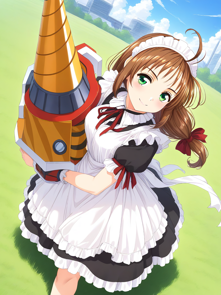 general,highres, game cg, ultra-detailed,very aesthetic,best quality ,best hands,  BREAK  <lora:Spiral_Nami_IS:1>drii_nami, solo, brown hair, green eyes, drill,  polearm, maid apron, maid headdress, weapon, ahoge, ribbon, maid, long hair, low-tied long hair,
smile,looking at viewer, cowboy_Shot,
day, grass, sky,
