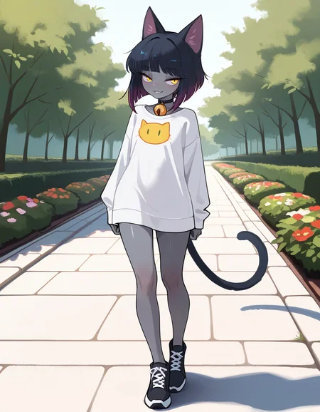 masterpiece, best quality, very aesthetic, absurdres,
outdoors, casual,
full body, standing, posing,
seductive smile, parted lips, long eyelashes,
<lora:Agnes_v01_NAIXL:1>
4gn3s,1girl,solo,cat girl,cat ears,multicolored hair,bangs,bob cut,yellow eyes,neck bell,grey skin,cat tail,