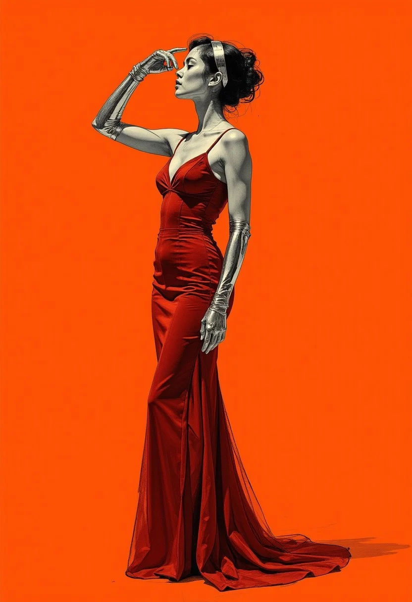 A hyper-realistic, highly detailed (colored sketch in the style of ck-ccd,, vantablack) high-fashion photograph captures a striking, dynamic pose from a model set against a bold orange background, which enhances the contrasts within the image. The model, a slender woman with a toned physique, is dressed in a form-fitting, sleeveless, deep crimson dress that cascades elegantly to the floor, its unique design featuring a high slit along the leg. She wears long, silver opera gloves that extend beyond her elbows, lending a sense of modern sophistication to the overall look. Her hair is styled in an intricate, sculptural updo, with some wisps framing her face, and she wears a matching silver headband that ties the ensemble together. Her pose is fluid and bold, with her right arm extended upward and her left arm bent in a powerful, confident gesture, creating an interplay of grace and strength. The shadows and light play across her form, casting dramatic, elongated silhouettes against the vibrant orange background. The composition is minimalist, focusing on the model's elegance, with the striking contrast of her crimson dress against the orange backdrop amplifying her commanding presence. This fashion photograph highlights the perfect balance of modern edge and timeless beauty.