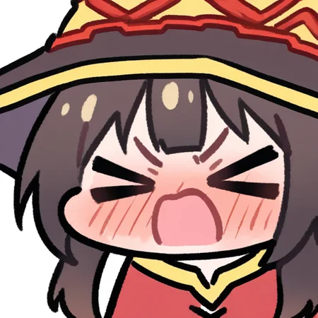 by: Miratsu 169 (masterpiece,best quality,absurdres:1.2), vibrant,highly detailed, 1girl, solo,
megumin, chibi, big head, angry, cowboy shot,closed eyes, open mouth, full-face blush,
witch hat, floating head,
<lora:miratsu_noob:1>, simple background, white background,