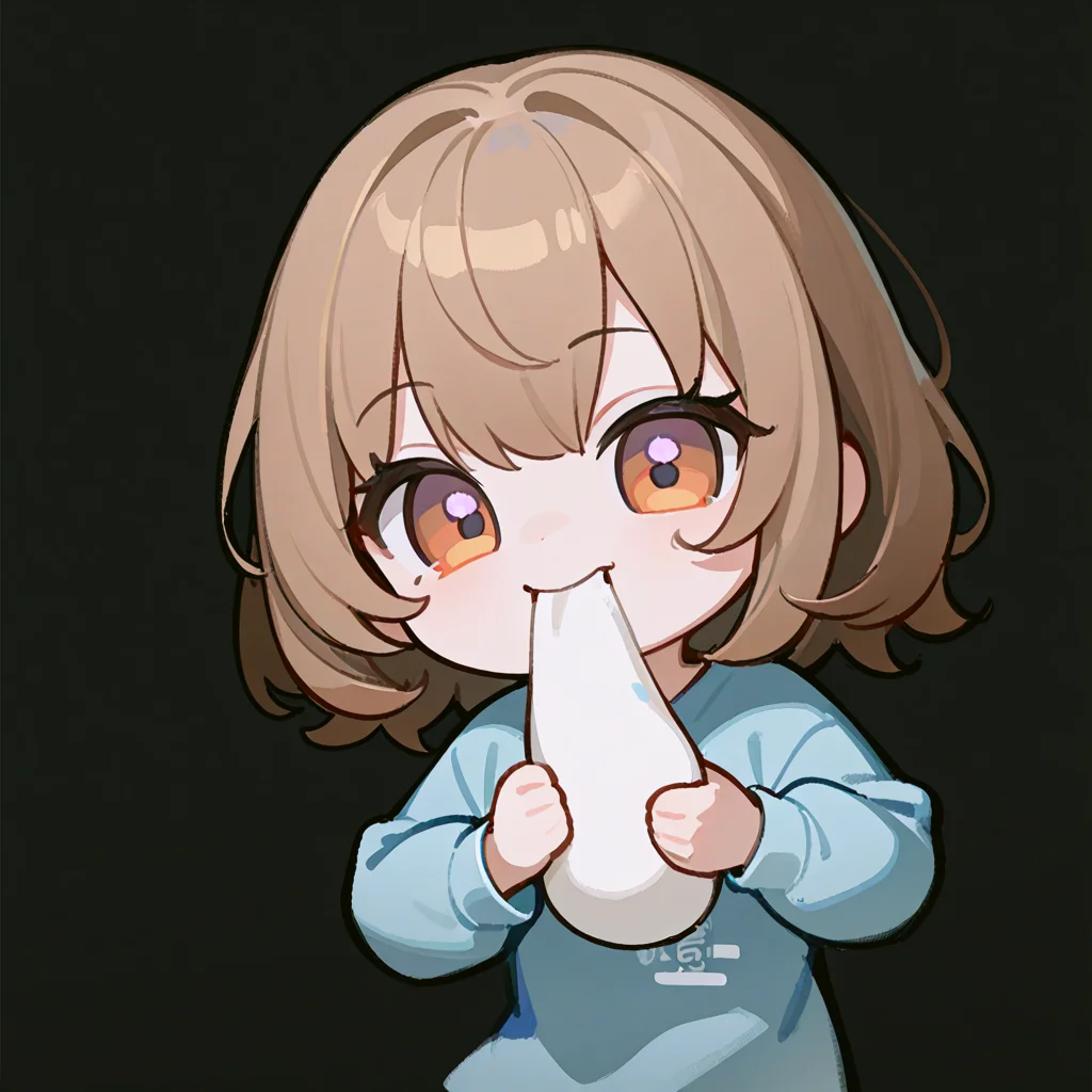 1girl, ((chibi)), smile, brown hair, light purple, shirt, sdhs, holding, holding food, holding mochi, mochi, eating, biting, black background, looking at viewer, simple background, masterpiece, best quality, tianliang duohe fangdongye <lora:sdhs:.7>