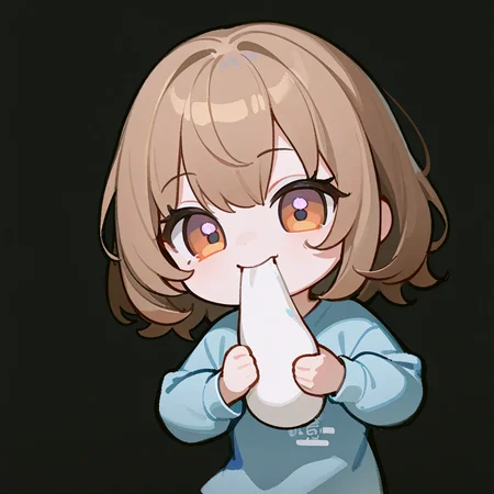 1girl, ((chibi)), smile, brown hair, light purple, shirt, sdhs, holding, holding food, holding mochi, mochi, eating, biting, black background, looking at viewer, simple background, masterpiece, best quality, tianliang duohe fangdongye  <lora:sdhs:.7>