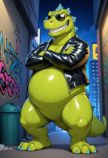 1boy, solo, Reptar, dinosaur, green body, blue spines, three fingers, three toes, thick legs, bottom heavy, chubby, semi-anthro, tail, wearing sunglasses, wearing  leather jacket, obscured eyes, toony eyes, smiling, toothy grin, fat, smooth shiny body, standing, posing, arms crossed, alleyway, city, night, graffiti, trash can, high quality, detailed, digital art, masterpiece, amazing shading, wacky, silly,  western animation style