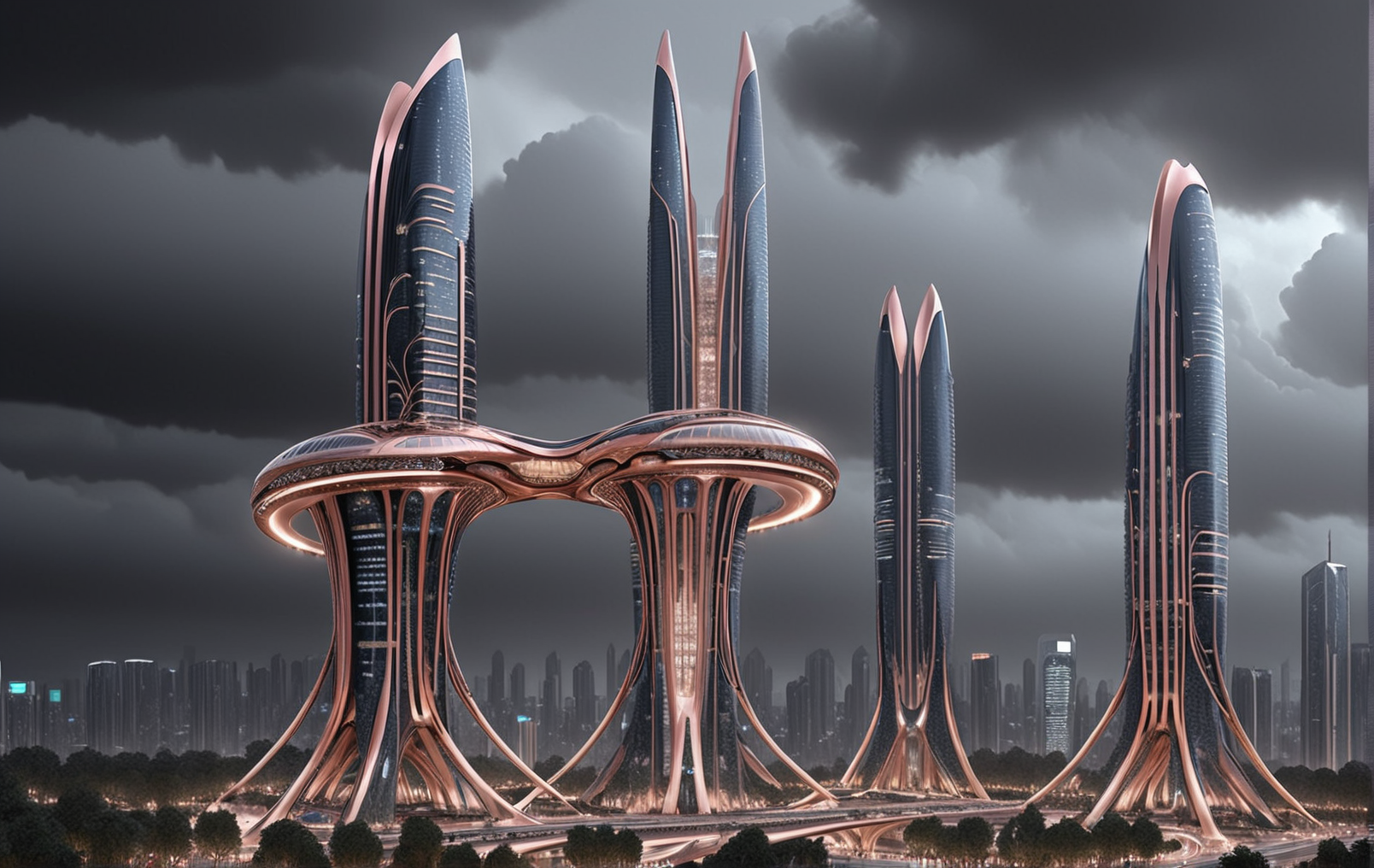 bridcity, create a futuristic city with an infinite number of bridges connecting an infinite number of skyscrapers, hde, bridges between buildings, bridge's buildings, street, sign, floor lamp, ground vehicles, car, crowded, city ââlandscape, very intricate buildings, neo gothic skyscraper, very high bridge,  black and rose gold tones, dark atmosperen, by night, cloudy, rainy, storm, lightening,  8k masterpiece, intricate details, deep of fields <lora:Bridges-city:1.4> <lora:Add_Details_v1.2:1.9> <lora:jianzhu:1> <lora:AARG_aerial:1> <lora:City_Worlds_01_Effects:1.9> <lora:EnvyElvishArchitectureXL01:1.1> <lora:lora-oop.000009.TA_trained (1):1.9> <lora:PAseerCloudV1:1> <lora:Sci-fi_env_flux:1.9>