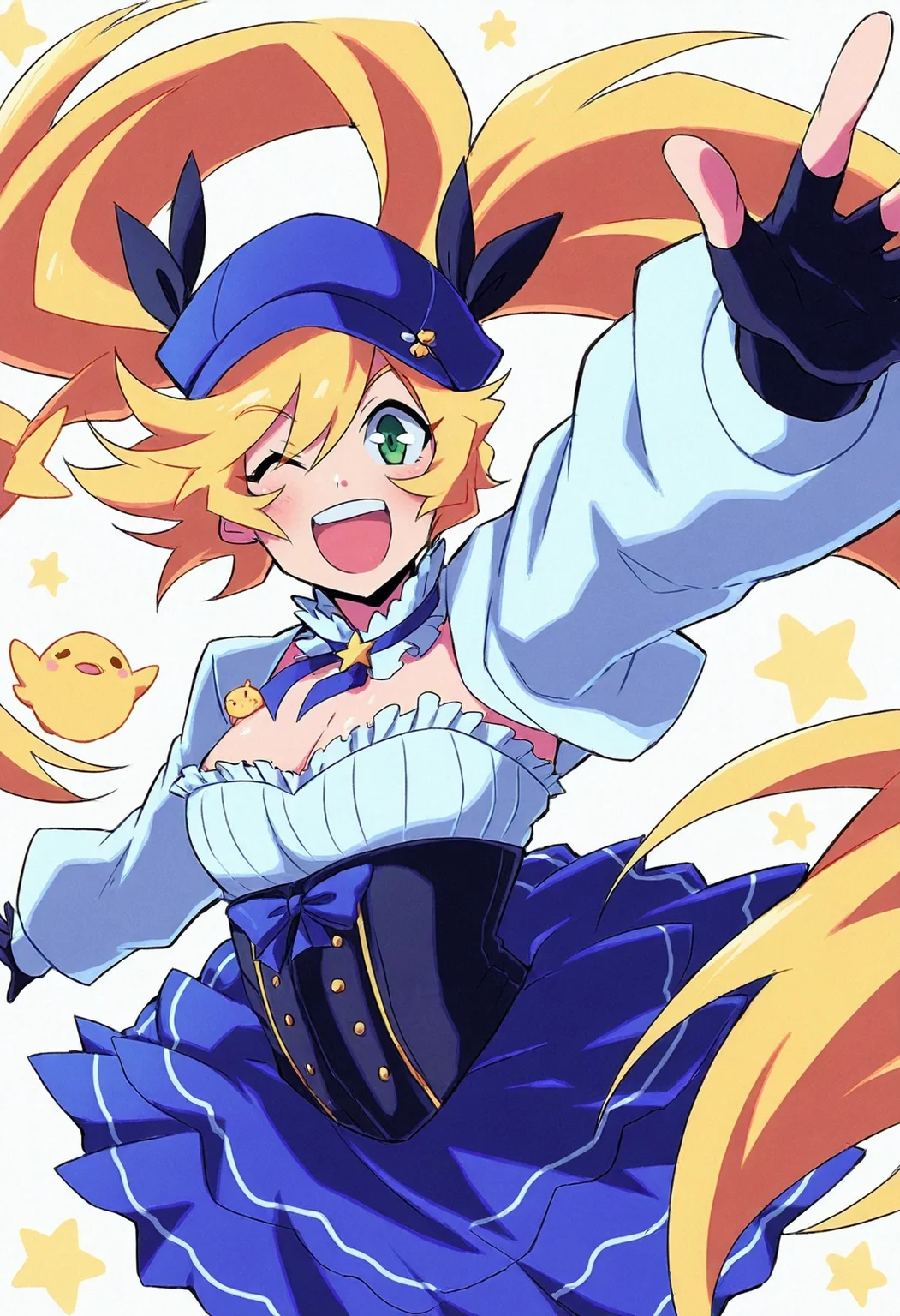 1girl, solo, long hair, breasts, looking at viewer, blush, smile, open mouth, skirt, blonde hair, long sleeves, white background, gloves, dress, hat, ribbon, hair between eyes, cleavage, very long hair, twintails, medium breasts, green eyes, jacket, hair ribbon, heart, frills, open clothes, teeth, one eye closed, black gloves, choker, puffy sleeves, fingerless gloves, star \(symbol\), open jacket, collar, side ponytail, blue skirt, neck ribbon, black ribbon, detached collar, upper teeth only, blue dress, bird, white jacket, blue ribbon, ;d, outstretched arms, puffy long sleeves, blue headwear, corset, cropped jacket, cabbie hat, reaching towards viewer, frilled collar, chick <lora:gurepyon:1>