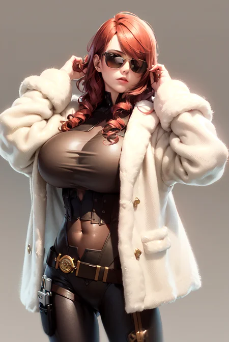 (masterpiece, best quality:1.1), portrait, 1girl, mature, mitsuru kirijou, persona 3, bodysuit, red eyes, solo, long hair, red hair, hair over one eye, (black sunglasses:1.1), (hair flip, hand in own hair:1.3), huge breasts, belt, gun, holster, framed breasts, white fur coat, simple background <lora:MITSURUv2:0.7>