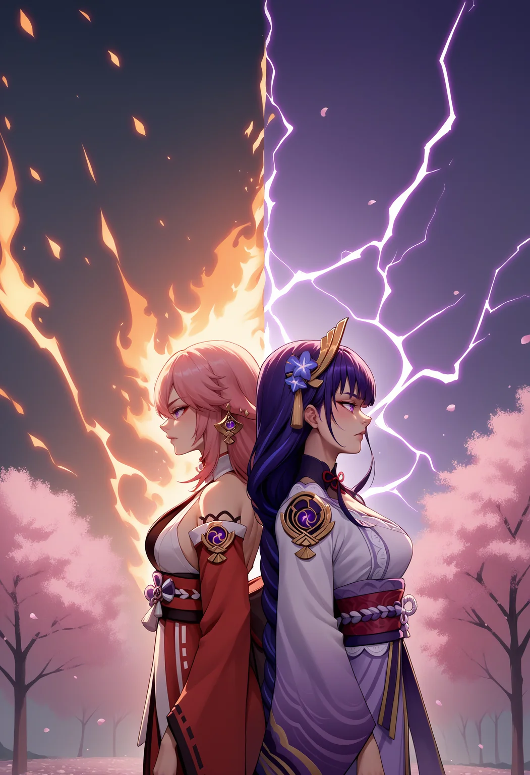 score_9, score_8_up, score_7_up, source_anime, 2girls, yae miko, raiden shogun, back-to-back, from side, <lora:BackToBack_XLPD:1.0>, outdoors, cherry blossoms, burning, electricity,