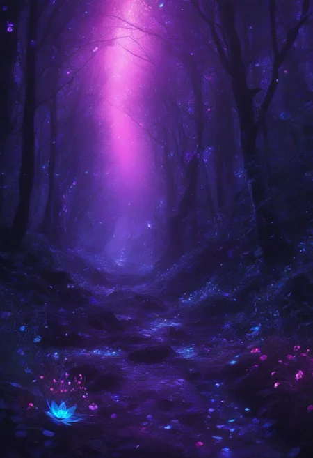 forest with purple, pink, and blue flowers with glowing bubbles