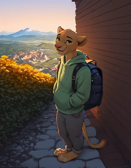 score_9, score_8_up, score_8,
(close-up:1.2), 4_fingers, 4_toes, pastoral dog, amazing_background, anthro, backpack, beverage, blurred_foreground, brown_fur, bunsen, lioness, female cheek_tuft, city, clothed, clothing, detailed_background, digital_media_\(artwork\), duo, eyebrows, felid, flashlight, flower, forest, fully_clothed, fur, gas_pump, green_topwear, grey_clothing, grey_fur, half-closed_eyes, hand_in_pocket, head_markings, head_tuft, holding_flower_pot, holding_object, hoodie, house, inner_ear_fluff, inside, jacato, light, looking_at_viewer, mountain, number, outside, pantherine, planted_leg, plantigrade, procyonid, purple_clothing, shadow, signature, snacks, solo, standing, sunset, t-shirt, tail, text, topwear, trio, tuft, vehicle, whisker_spots,
<lora:Jacato_-_Art_Style-000007:0.4>,<lora:Classic_Zaush_-_Art_Style_v3:0.5> Zaush <lora:Lioness_like_Lions_v10-Pony-000006:0.9> <lora:Expressive_H:0.9> Expressiveh <lora:KraaiSha_-_Art_Style:0.25> Kraaisha