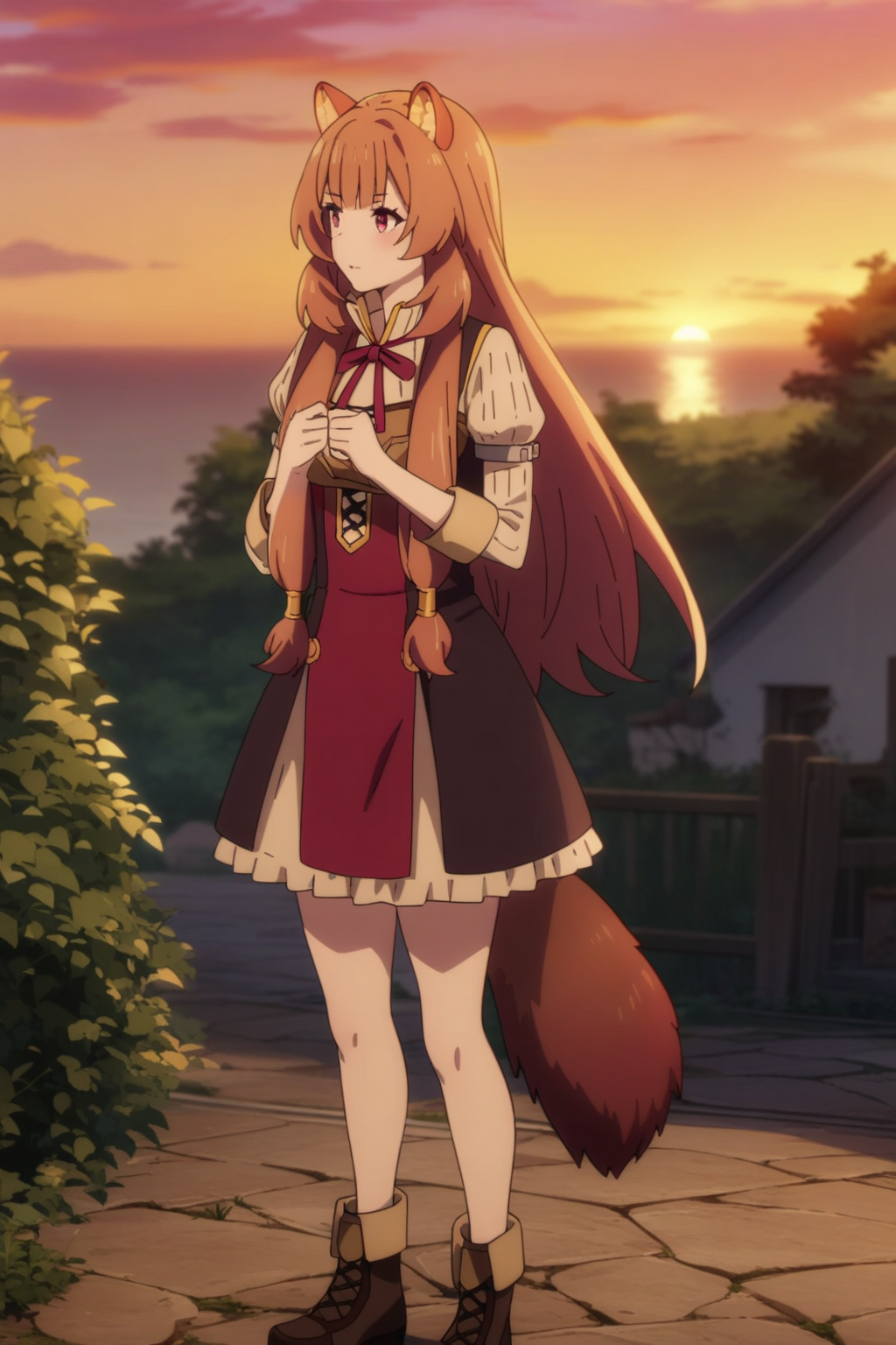 sunset, tny-raphtalia, raccoon tail, (full body), solo, 1girl, outdoors, masterpiece, best quality, very aesthetic, absurdres, recent <lora:tny-raphtalia-V02-000003:0.8>