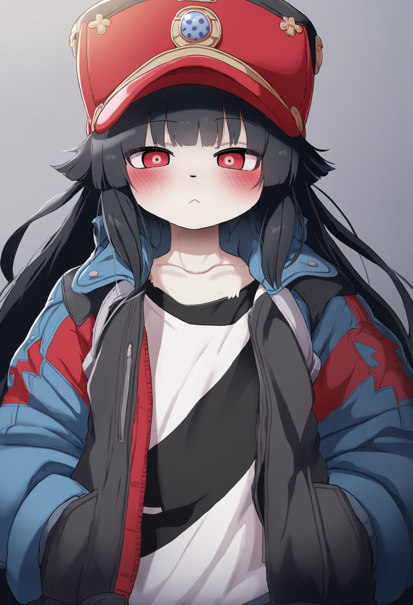 masterpiece, hyper detailed, best quality,(furry:1.3),solo, 1girl  , black hair, looking at viewer, simple background, bangs, hat , jacket  ,<lora:DAGASIXLlokr8f-000188:0.95>