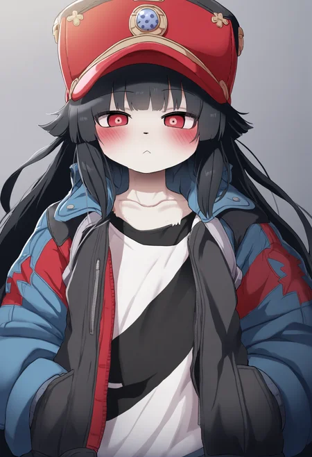 masterpiece, hyper detailed, best quality,(furry:1.3),solo, 1girl , black hair, looking at viewer, simple background, bangs, hat , jacket ,<lora:DAGASIXLlokr8f-000188:0.95>