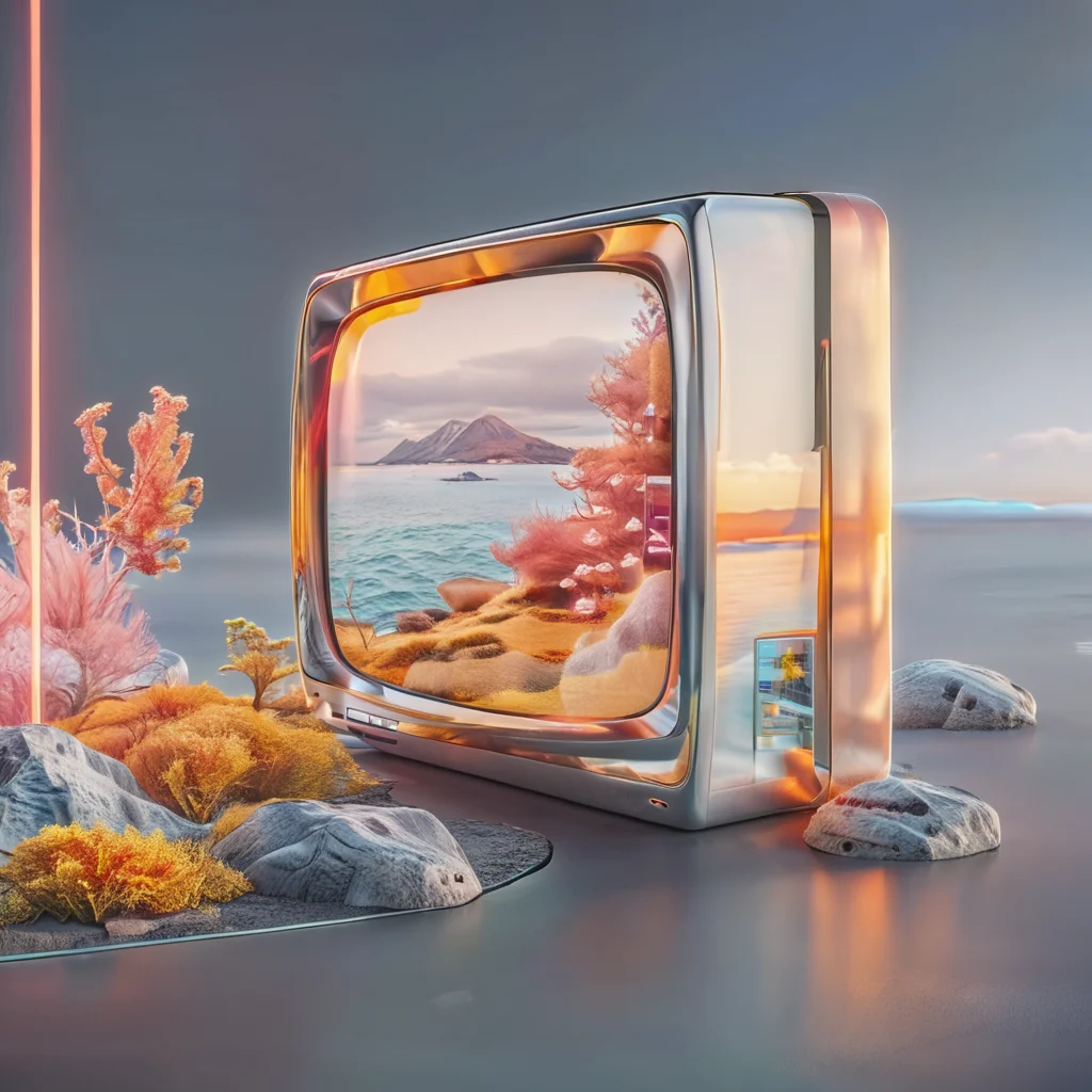 a television in the style of <lora:unreal_engine_futuristic_mirror_style-000010neu:1> unreal engine futuristic mirror