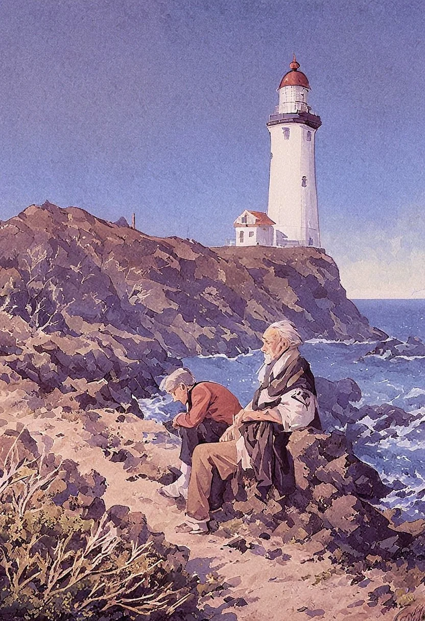 old man near the lighthouse, sentimental, by charles tunicliffe, painting, nature