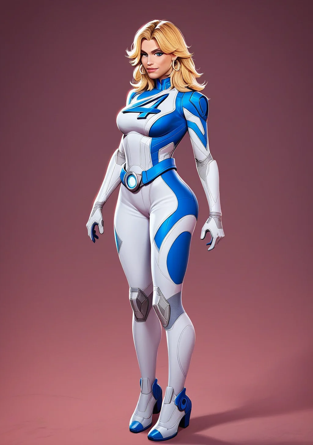 score_9, score_8_up, score_7_up, score_6_up, score_5_up, score_4_up, masterpiece, high quality, BREAK, full body, BREAK,   <lora:Susan_Storm__Invisible_woman_Marvel_Rivals_Pony:0.8> sue storm (marvel rivals), susan storm, sue storm, blue outfit, earrings, blue eyes, "4" symbol, blonde hair,
