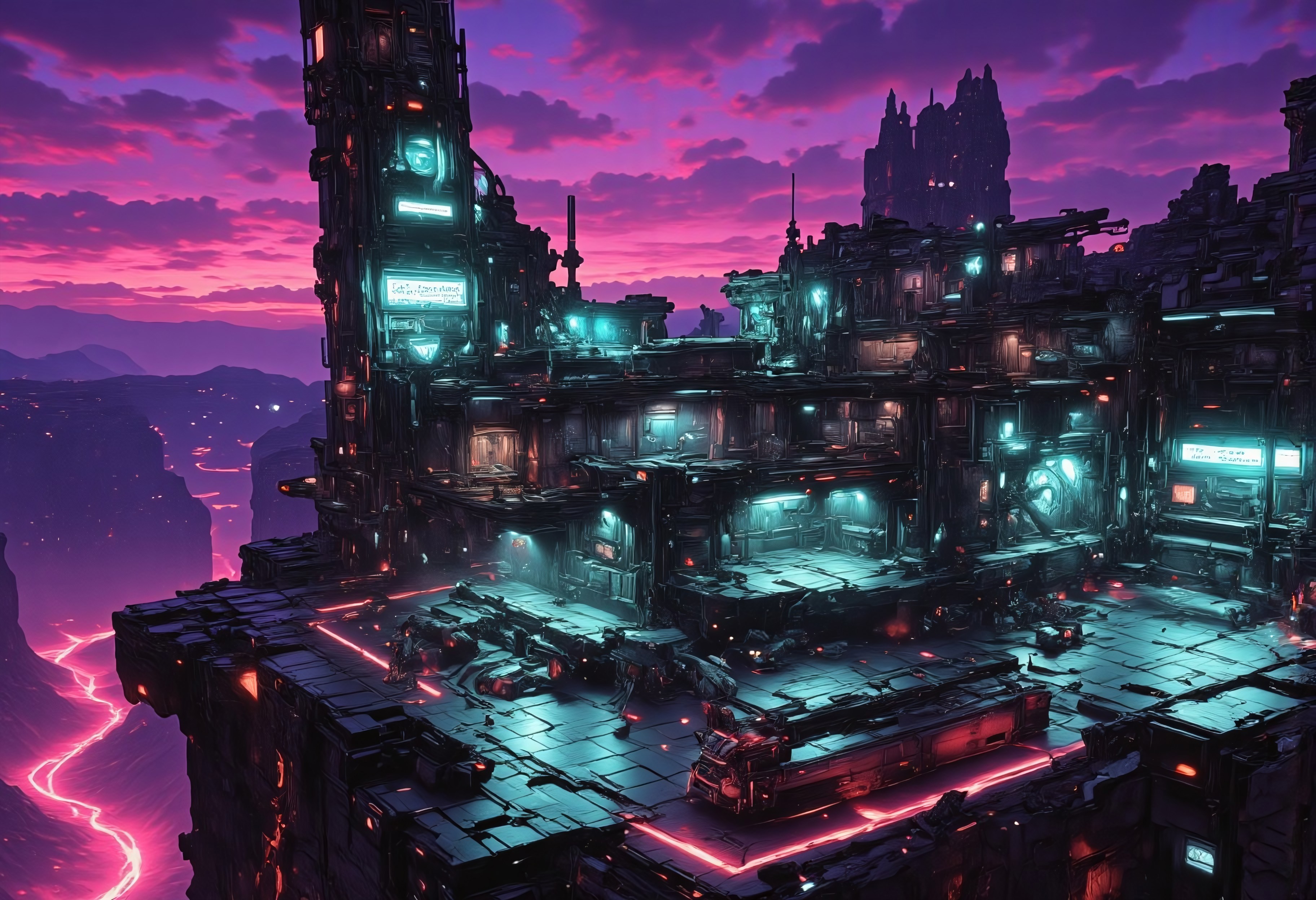 OBxiaoxiang, CAICO, inksketch purple and gray theme, Abstract digital painting in the style of ck-js, detailed photorealistic image, a sci-fi Miningstation of colossal buildings and towers in a barren lavender lush landscape, looking like an Mining Outpost perched at the Cliff, of a volcanic cliff, its sleek towers a stark contrast to the cliffs surrounding it. The planet’s sun casts a vivid, cyan surreal light across the station, while deep fissures reveal glowing rivers of molten pink lava far below. The sky is a surreal shade of black and purple, dark glowing diodes and lights ((dark glowing diodes, lights and neon signs), Firestorm Inc. written on the neon signs), attached to the building is a landing field with 3  Spaceships landed on it, Dragonkin like creatures are around fixing some spaceships, two moons hanging low in the horizon, each reflecting light off the surface, large depth of field. The sky is a dark pink, with 2 broken moons hanging low in the horizon <lora:more_details>
realistic, detailed background, shaded, detailed, hi res, realistic, photography \(artwork\), (by kenket), by ross tran, by michael & inessa garmash, by pino daeni, by isvoc, by kiguri, by alena aenami, by ruan jia, (by zenthetiger, by wolfy-nail), by Enki Bilal, by drmax, photorealism, <lora:add_detail:1.3