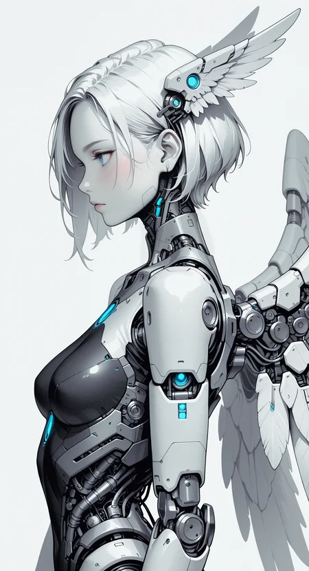masterpiece, best quality, good quality, very awa, very aesthetic, absurdres, newest, 1girl, solo, medium breasts, blush, short hair, blue eyes, simple background, white background, closed mouth, upper body, monochrome, small breasts, wings, from side, profile, feathers, robot, head wings, feathered wings, science fiction, spot color, angel wings, white wings, android, cable, joints, lineart, cyborg, robot joints, mechanical wings, mechanical parts, hkmecha <lora:noobai_ep11_stabilizer_v0.138_fp16:0.35> <lora:ponyv6Noobe112Adamw.9Eti:0.7> <lora:MechaKnightsIL:0.7>