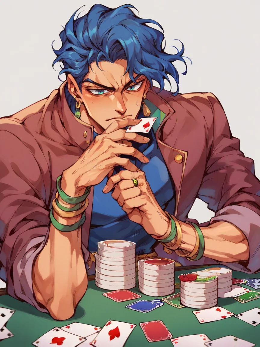 score_9, score_8_up, score_7_up, score_6_up, <lora:j0j0XLP:0.8> j0j0, (jojo bizarre adventure:0.3), 1boy, cards